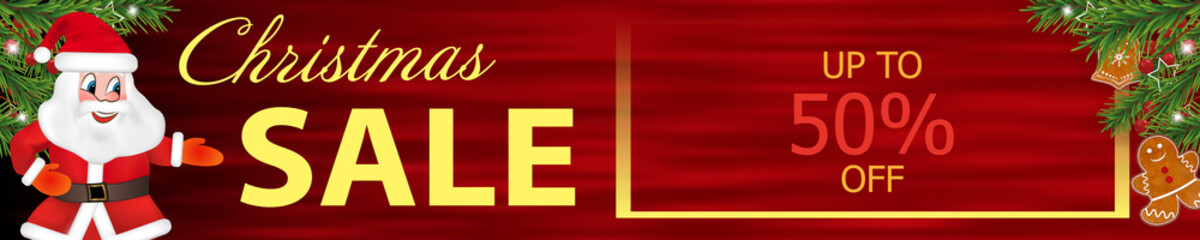 Red banner Christmas Sale with Funny Santa Claus and gingerbread cookies, Christmas tree branches, Holly berries for Xmas and New Year design. Vector