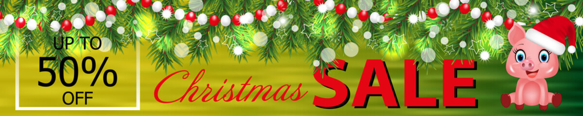 Banner Christmas Sale with cute pig zodiac symbol in the Chinese calendar the of the 2019 Year and garland of Christmas tree branches. Vector Illustration.