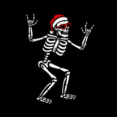 SKELETON IN SANTA HAT AND SUNGLASSES WITH ROCK SIGN BLACK BACKGROUND