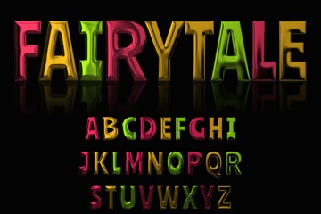 Colorful alphabet letter set with glossy surface, multicolored fairytale abc, 3D rendering, creative uppercase font design for poster, banner, invitation