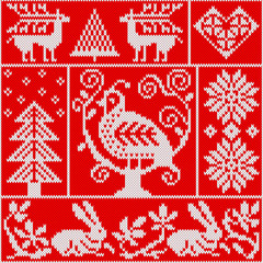 Seamless knitting pattern with bird, deer, fir, heart, rabbit, snowflake, and other winter elements. Red and white Christmas knitted background in the scandinavian style. Holiday design. Vector - 234431023