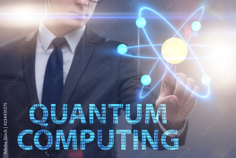 Aufkleber businessman pressing virtual button in quantum computing concept