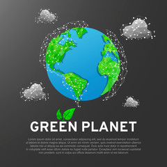 Abstract green 3D planet Earth with clouds, blue ocean made from lines, triangles and point on gray background. Low poly wireframe, polygonal vector illustration