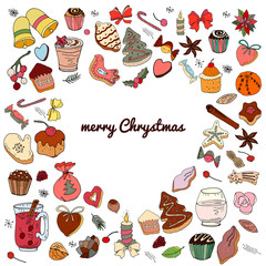 Set of various traditional winter desserts and drinks. Template for season and christmas design, greeting cards, invitations and decorations, color, handmade.