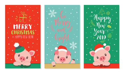  Merry Christmas and Happy New Year. 2019 Chinese New Year of the Pig. Happy New Year greeting card.