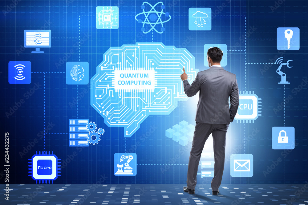 Poster businessman pressing virtual button in quantum computing concept