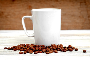 Mug mocap - design template, white cup on a wooden background