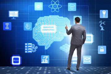 Businessman pressing virtual button in quantum computing concept