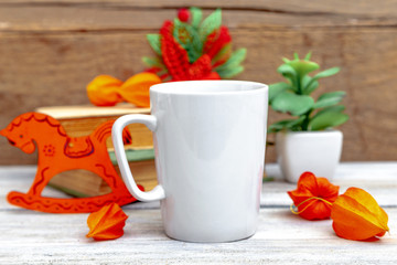 Obraz na płótnie Canvas Mug mocap - design template, white cup on a wooden background