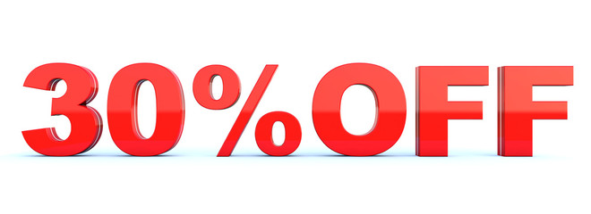 30 percent off discount - glossy red text on white background wide banner 3D render