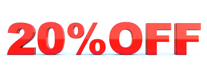 20 percent off discount - glossy red text on white background wide banner 3D render