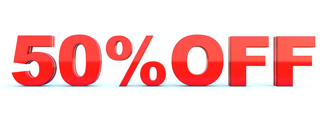 50 percent off discount - glossy red text on white background wide banner 3D render