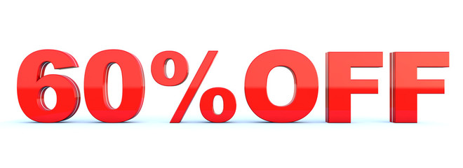 60 percent off discount - glossy red text on white background wide banner 3D render