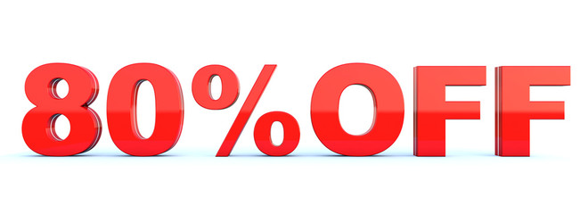 80 percent off discount - glossy red text on white background wide banner 3D render