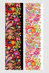 Seamless floral ethnic borders with colorful abstract flowers