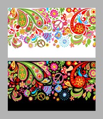 Seamless flowers colorful border with hippie peace symbol, fly agaric and paisley