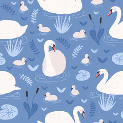 Seamless pattern with white swans and brood of cygnets floating in pond or lake among water lilies and reeds © Good Studio