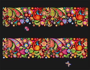 Seamless summery floral ethnic borders with colorful abstract flowers and funny butterflies on black background