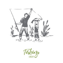 Fishing, father, son, family concept. Hand drawn isolated vector.