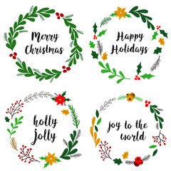 Collection of hand drawn Christmas wreaths with fir branches, red berries, leaves and other elements. Round frame for winter design such as Christmas card, poster, invitation, banner. Vector - 234433209