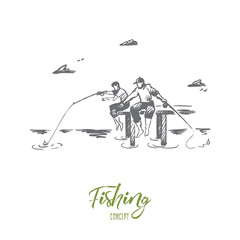 Fishing, friends, two, vacation concept. Hand drawn isolated vector.