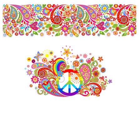 Shirt print with hippie peace symbol with vintage colorful flowers pattern, seamless border and rainbow
