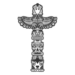 Maya totem religious symbol of ancient civilization engraving vector illustration. Scratch board style imitation. Black and white hand drawn image. - obrazy, fototapety, plakaty