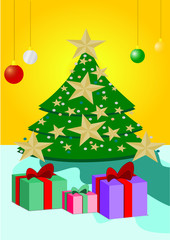 golden star in Christmas tree with gift box background.