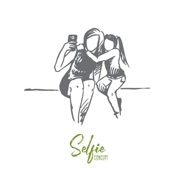 Selfie, mother, daughter, happy concept. Hand drawn isolated vector.