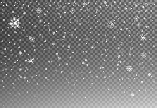 Christmas falling snow vector isolated on dark background with snowflakes. Magic white snowfall texture. Winter snowstorm backdrop illustration.