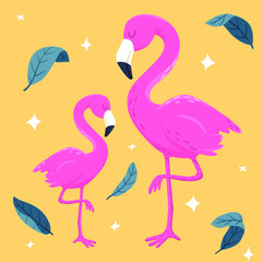 Vector flamingo couple illustration with leaves and stars on yellow background. Tropical birds, summer style design