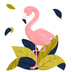 Vector pink flamingo standing among leaves. Tropical bird illustration, summer style design for greeting card, prints, invites, cover, background
