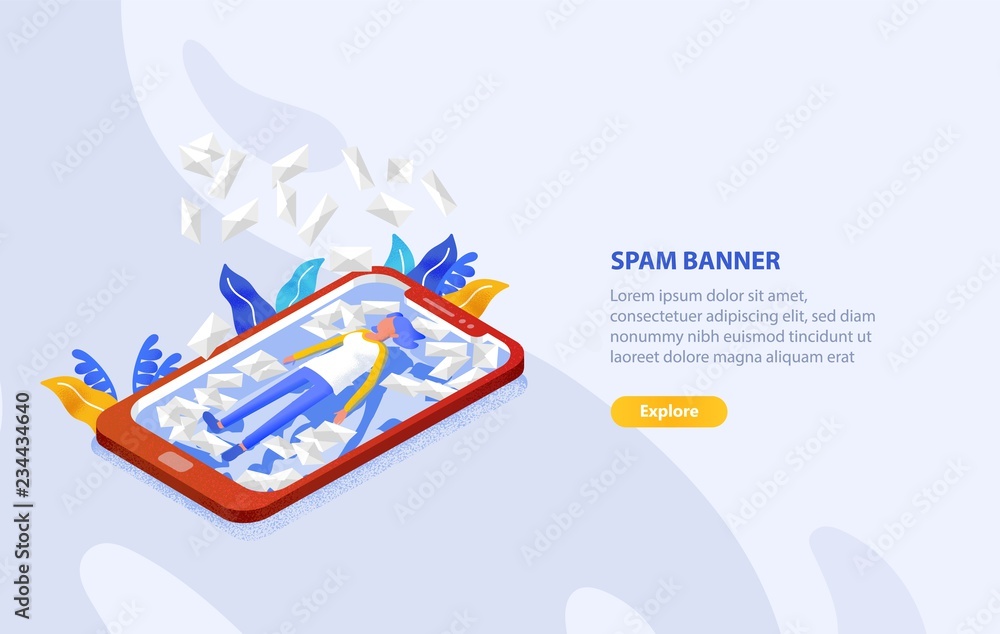 Poster creative web banner template with woman lying on screen of giant smartphone among many letters in en
