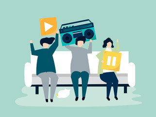 Character illustration of people with music icons