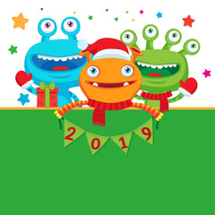 2019 Happy New Year Banner. Cute Monsters In Winter Scarf With Numbers. Greeting Illustration. Symbol Of Winter Holidays Celebration Card.