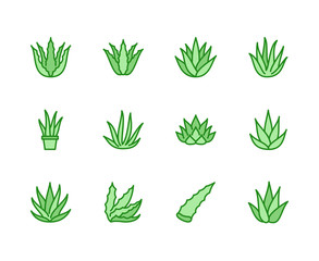 Aloe vera flat line icons. Succulent, tropical plant vector illustrations, thin signs for organic food, cosmetic. Pixel perfect 64x64. Editable Strokes.