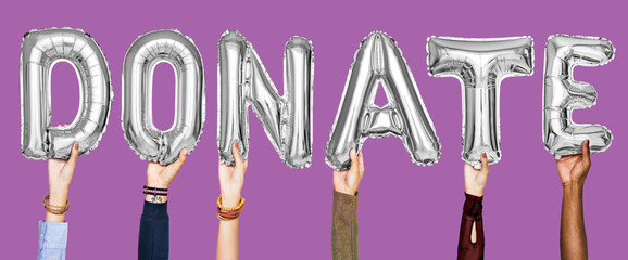 Silver gray alphabet balloons forming the word donate