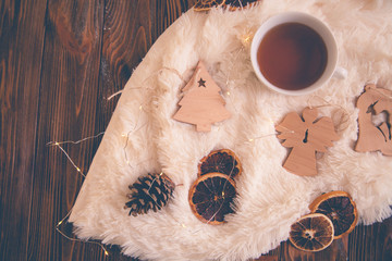 Christmas festive decor still life on wooden background, concept of home comfort and holiday