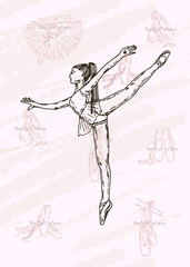 Vector sketch. Ballet dancer and accessories. Vector pen style objects set.