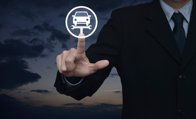 Businessman pressing service fix car with wrench tool flat icon over sunset sky, Business repair car concept
