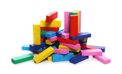 Wooden colorful building blocks for children, tower games isolated on white background