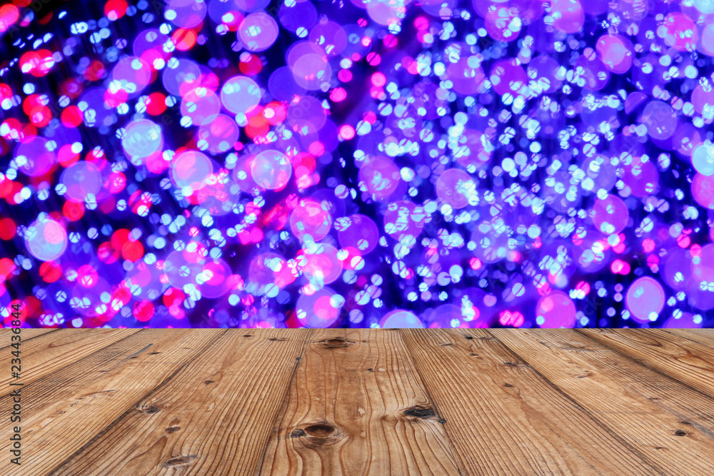 Wall mural brown old wooden floor on christmas bokeh backdrop and have copy space.