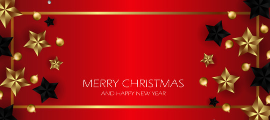 christmas red decoration with star, happy new year red background, vector template to greeting card