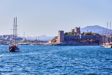 Naklejka premium Yacht on the sea, beautiful bay in Turkey, Bodrum. Aegean coast