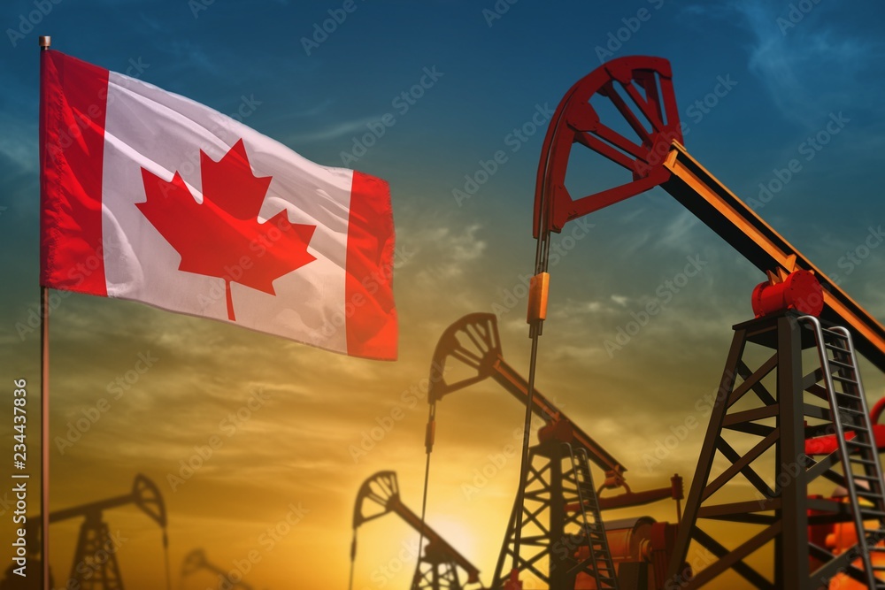 Wall mural canada oil industry concept. industrial illustration - canada flag and oil wells against the blue an - Wall murals