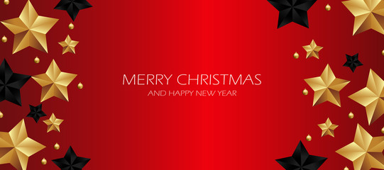 christmas red decoration with star, happy new year red background, vector template to greeting card