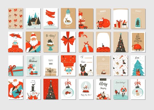 Hand drawn vector abstract fun Merry Christmas time cartoon illustrations greeting cards and backgrounds big collection set with gift boxes,people and Christmas tree isolated on white background