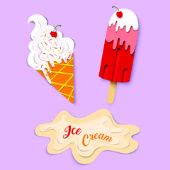 Set of colorful ice cream, realistic paper. Modern material design background. Delicious desserts collection. Digital art, clean and bright style. Vector ice cream illustration