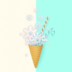Ice cream, waffle cup with snowflakes, pastel, minimalism, vector illustration