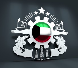 Mining industry emblem. Human arms and cog wheel. Sphere textured by flag of Kuwait. 3D rendering
